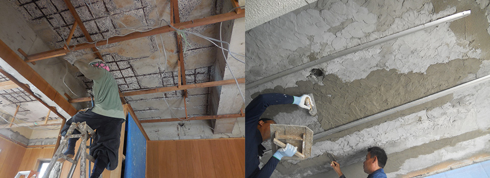 天井裏のひび割れ部分の除去と特殊軽量モルタルの左官中の写真